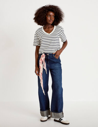 T-shirt col v manches courtes bleu fonc&eacute; femme
