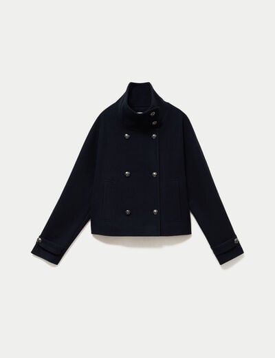 Caban droit col montant manches longues bleu marine femme