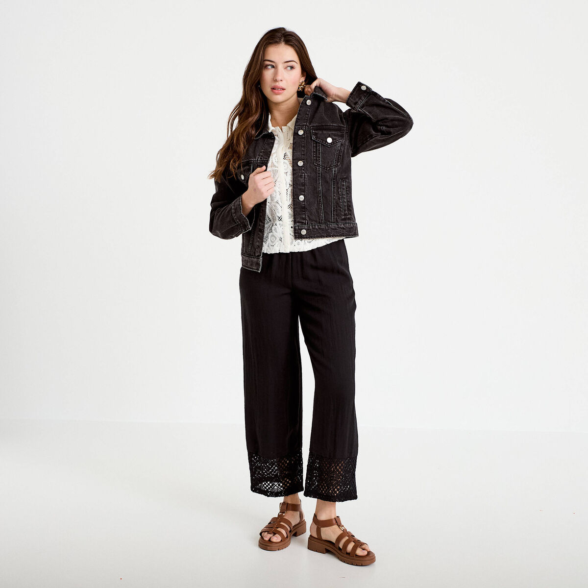 Pantalon large bi-mati&egrave;re pliss&eacute; noir femme
