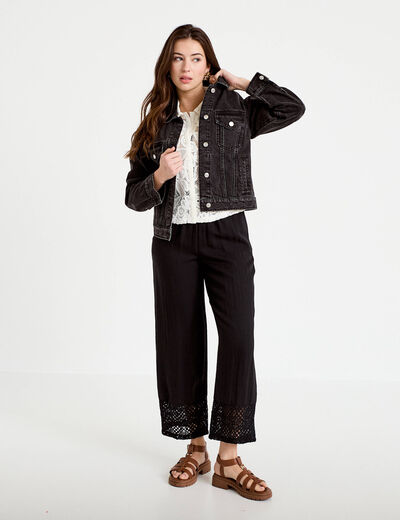 Pantalon large bi-mati&egrave;re pliss&eacute; noir femme