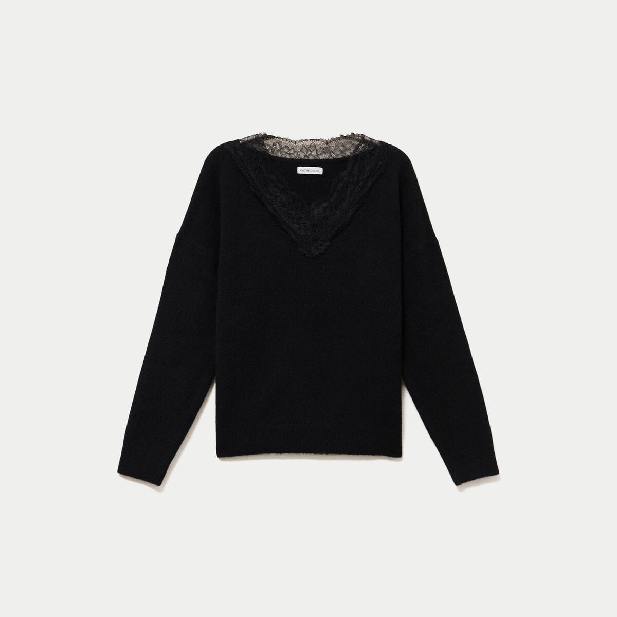 Pull col v manches longues dentelle noir femme
