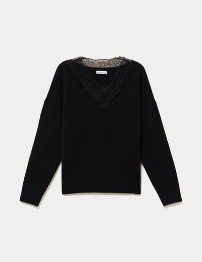 Pull col v manches longues dentelle noir femme