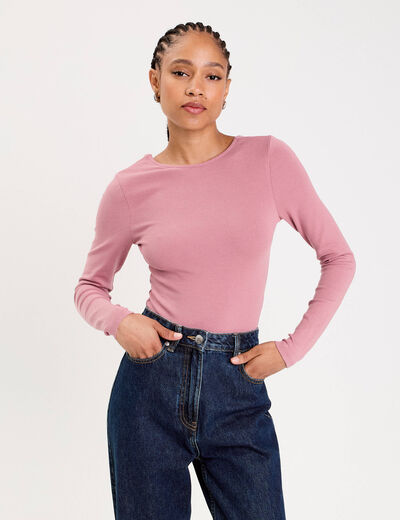 Body cintr&eacute; manches longues bateau vieux rose femme
