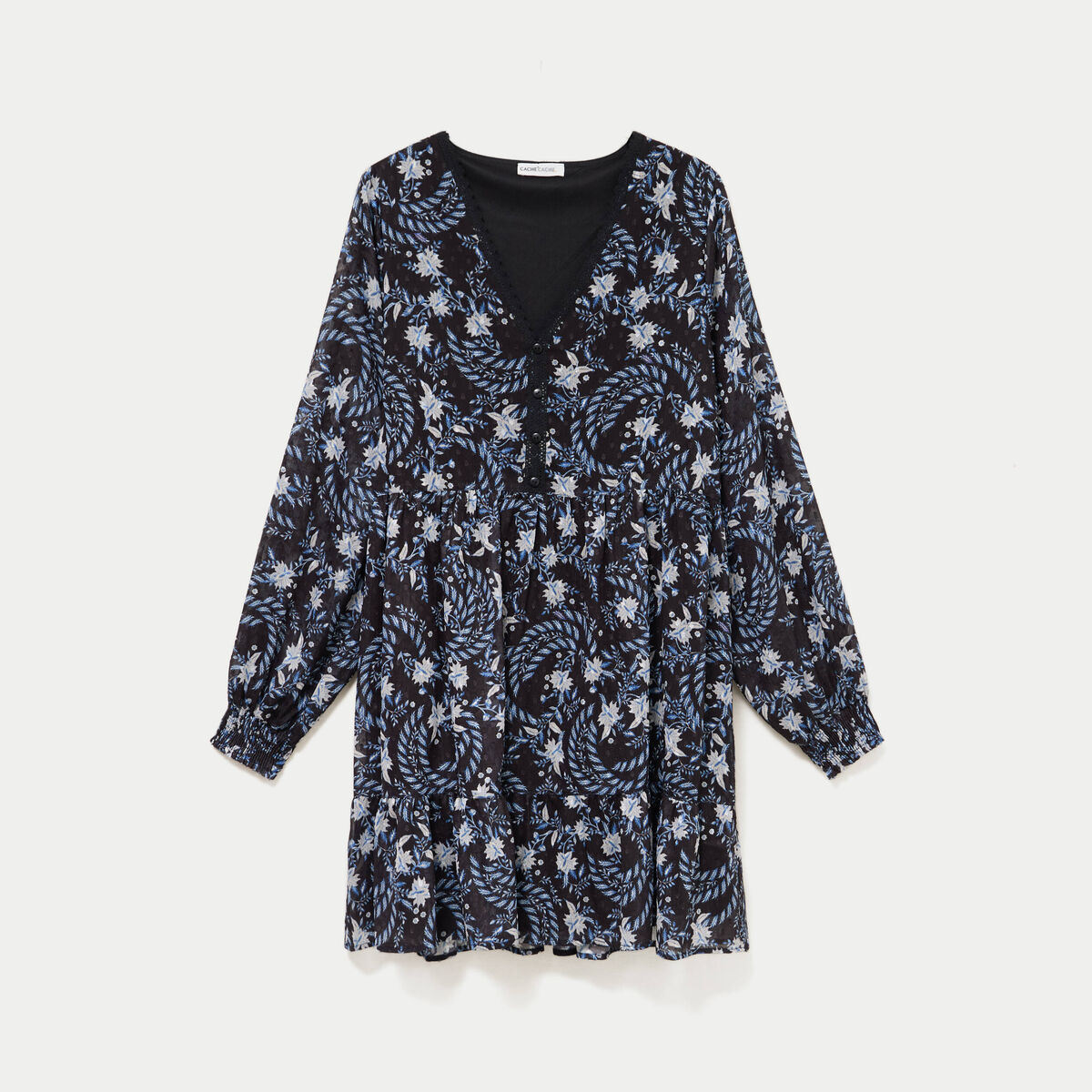 Robe droite col v manches longues noir femme