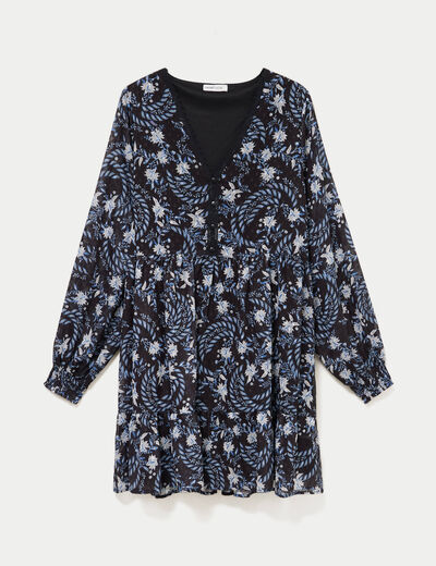 Robe droite col v manches longues noir femme