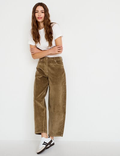 Pantalon barrel en velours vert kaki femme