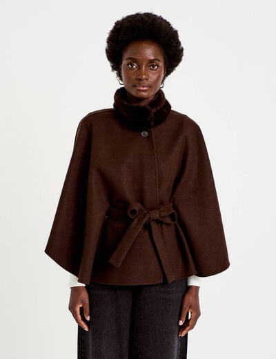 Poncho en fausse fourrure marron fonc&eacute; femme