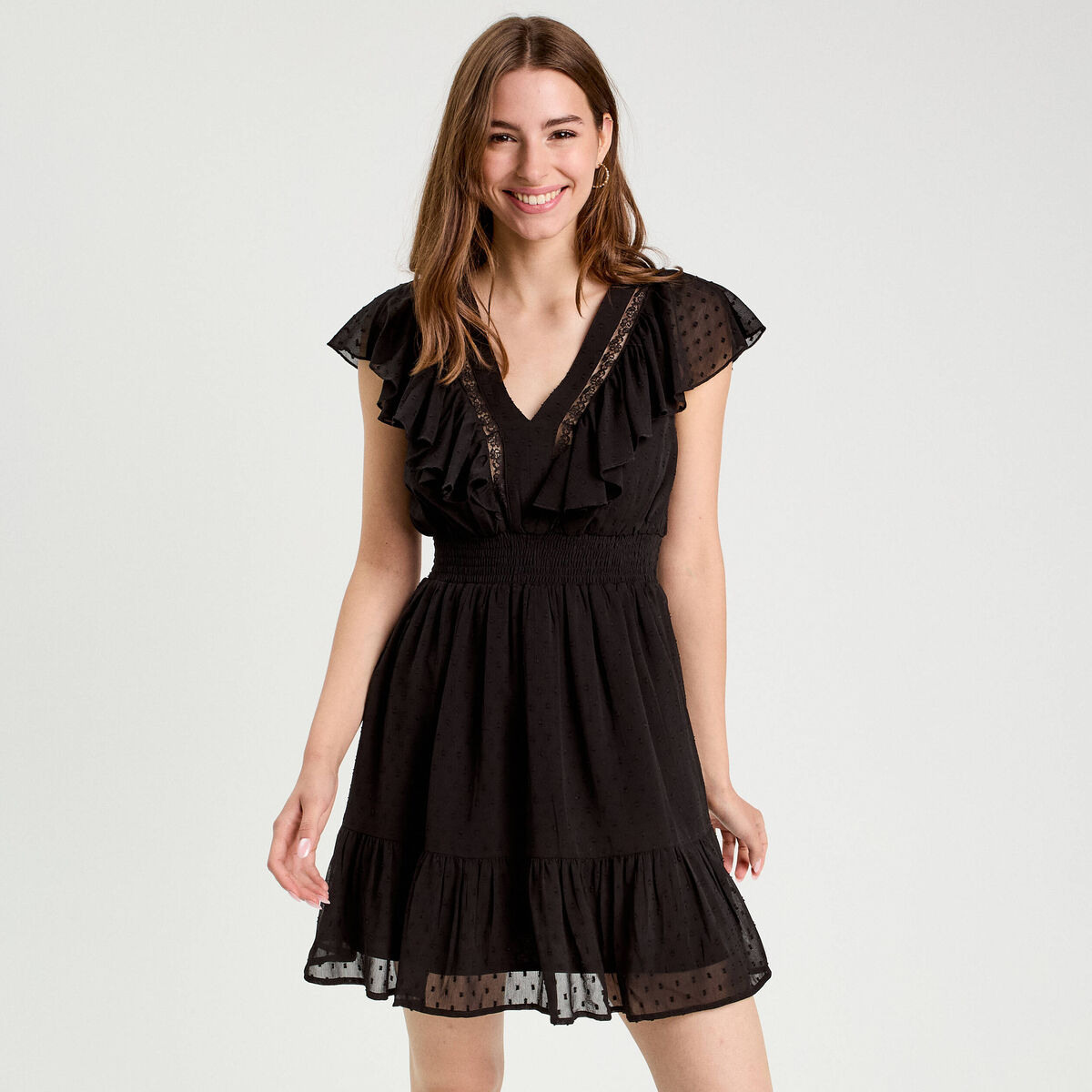 Robe &eacute;vas&eacute;e plumetis noir femme
