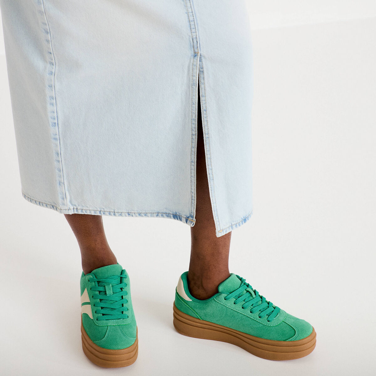 Jupe droite midi en jean 5 poches denim bleach femme