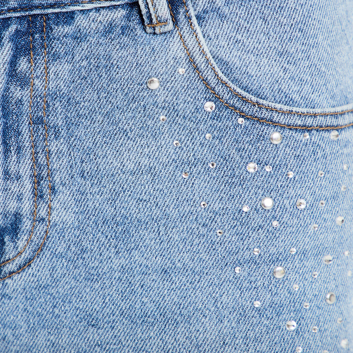 Jean wide leg taille basse strass denim triple stone femme