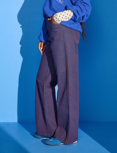 Jean wide leg ray&eacute; taille haute bleu femme