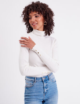 Pull col roul&eacute; c&ocirc;tel&eacute; ecru femme