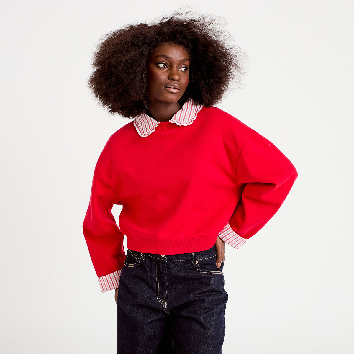 Sweat col chemise manches longues rouge femme