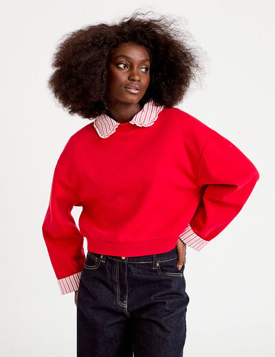 Sweat col chemise manches longues rouge femme
