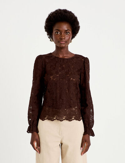 Blouse en dentelle d&eacute;collet&eacute; dos marron fonc&eacute; femme