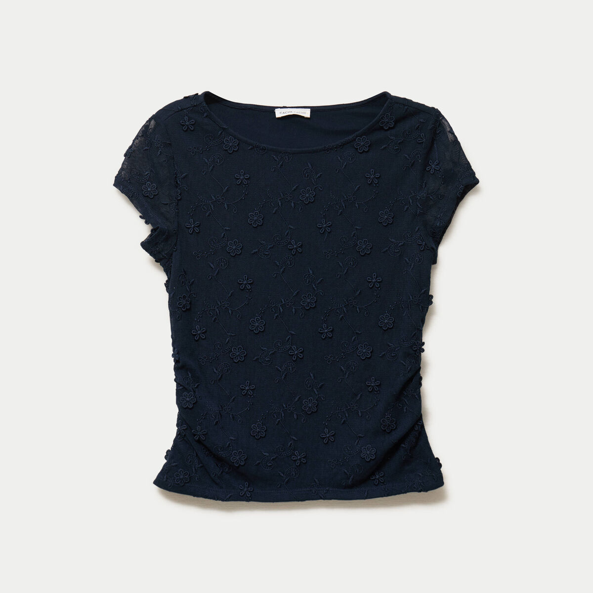 T-shirt ajust&eacute; col rond dentelle bleu marine femme