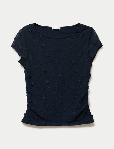 T-shirt ajust&eacute; col rond dentelle bleu marine femme