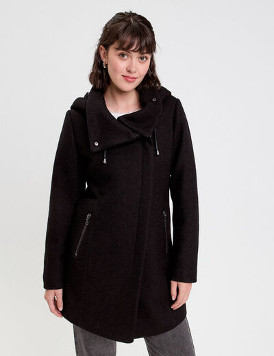 Manteau cintr&eacute; asym&eacute;trique noir femme
