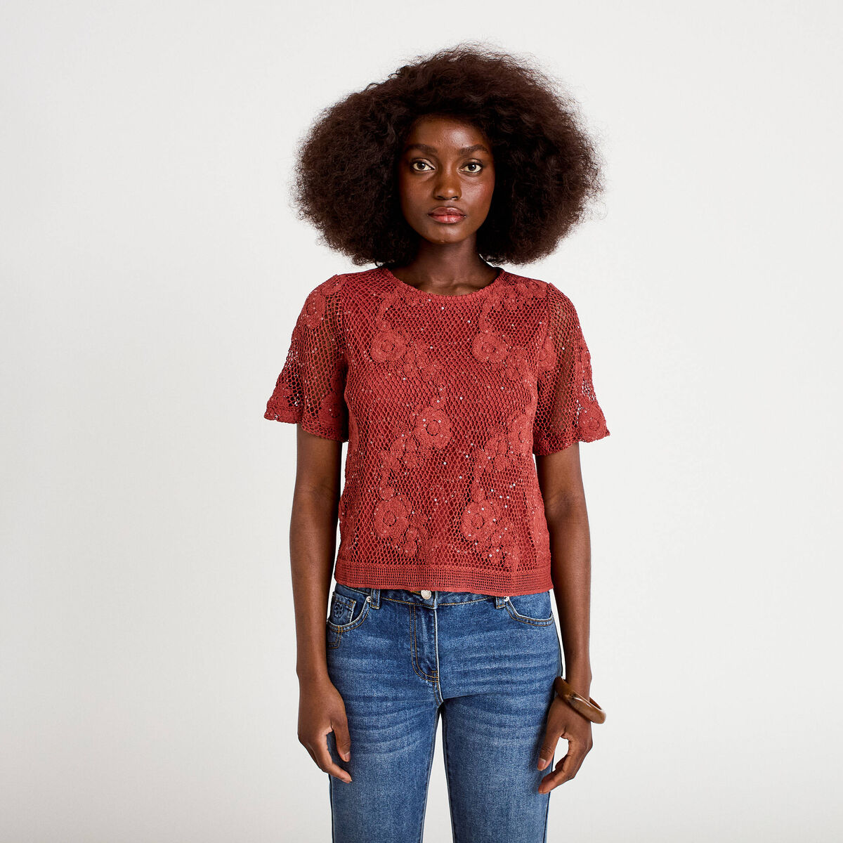 T-shirt manches courtes aspect dentelle vieux rose femme