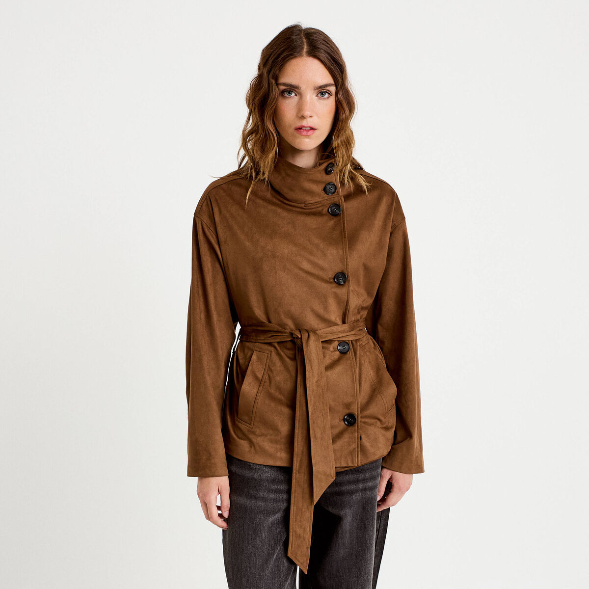 Veste col montant aspect daim marron femme