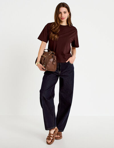 T-shirt col rond manches courtes marron fonc&eacute; femme