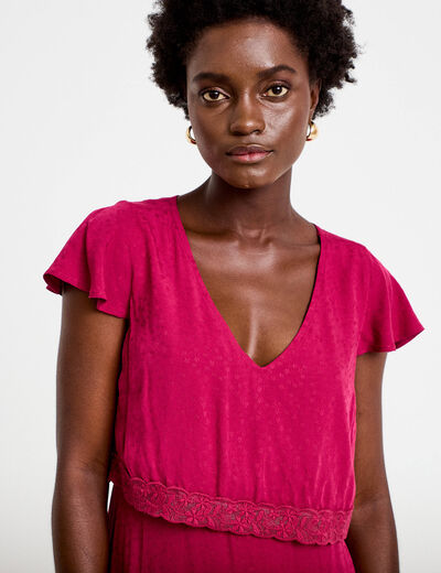 Robe longue droite col v manches courtes rouge femme