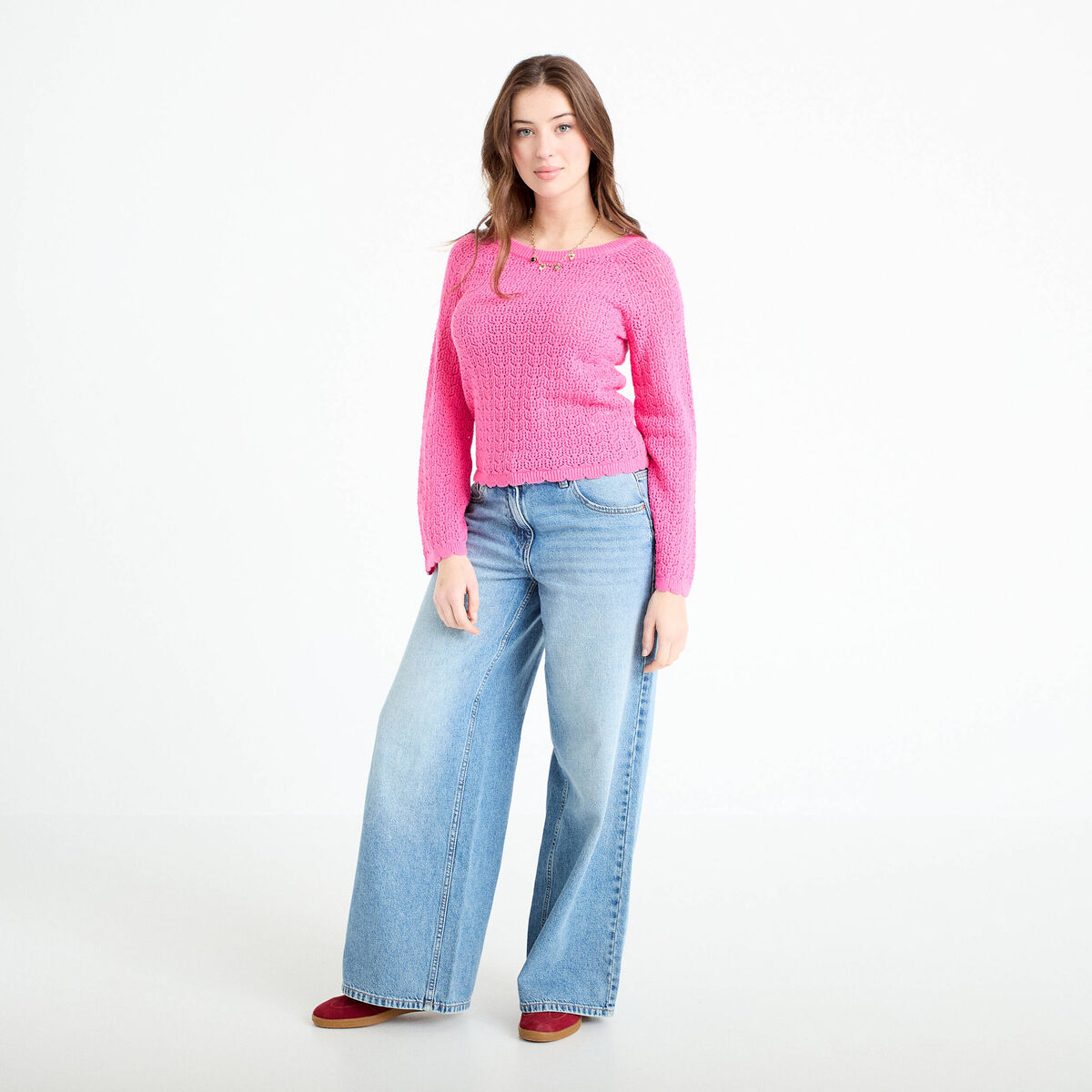 Pull ajour&eacute; rose fushia femme