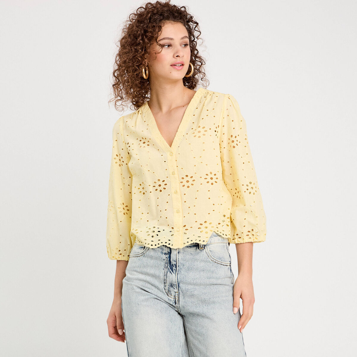 Blouse broderie anglaise jaune clair femme