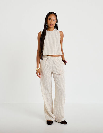 Blouse droite sans manches pliss&eacute;e creme femme