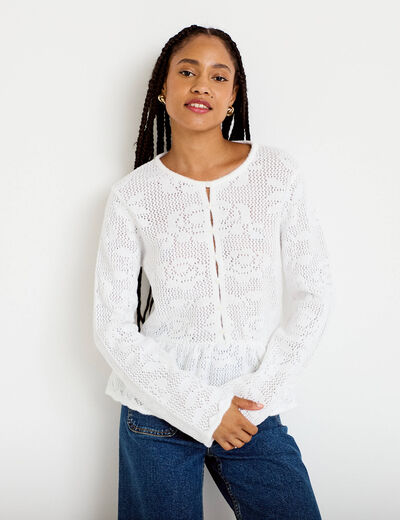 Pull ajour&eacute; p&eacute;plum manches longues ecru femme