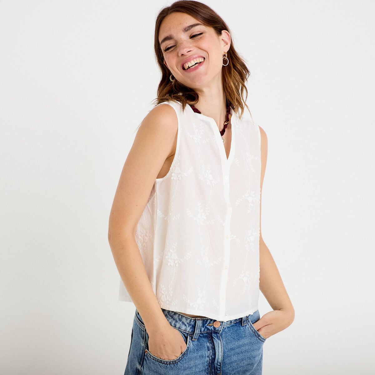 Chemise droite sans manches &agrave; relief ecru femme