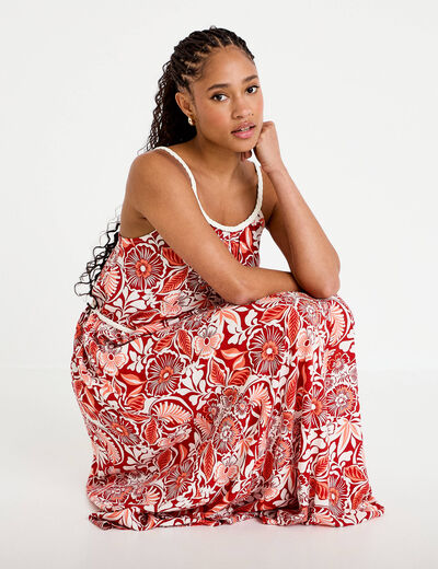 Robe longue &eacute;vas&eacute;e bretelles fines rouge femme