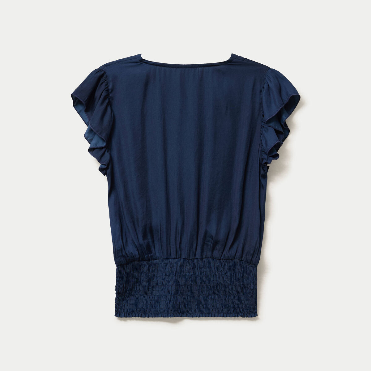 Blouse cintr&eacute;e col v manches courtes bleu marine femme