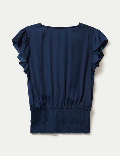 Blouse cintr&eacute;e col v manches courtes bleu marine femme