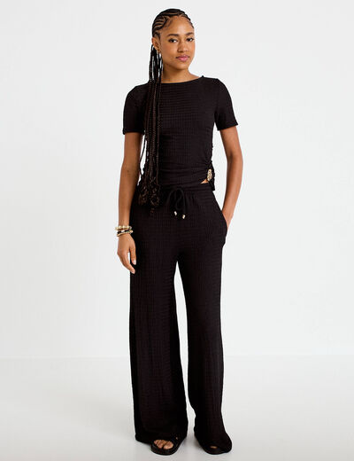 T-shirt col rond manches courtes bijou noir femme