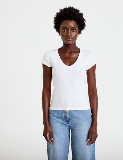 T-shirt ajust&eacute; col v manches courtes blanc femme