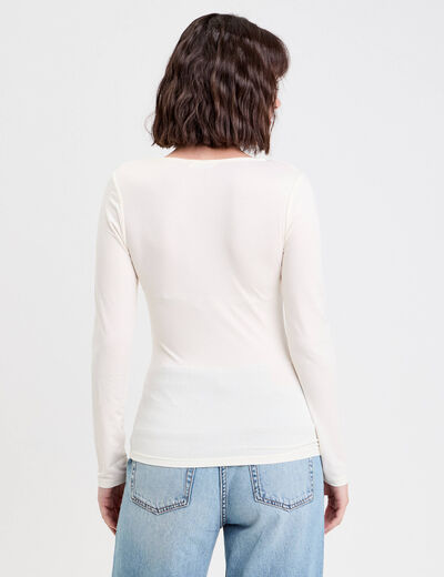 T-shirt thermique col en V plumetis ecru femme