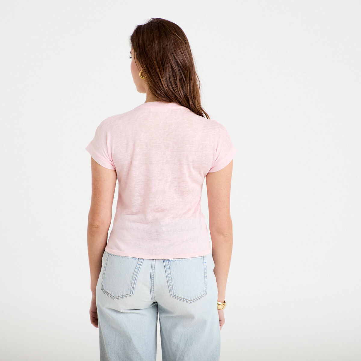 T-shirt droit cropped manches courtes rose clair femme