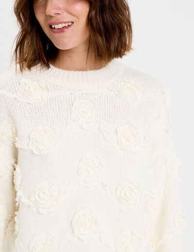 Pull fleurs en relief ecru femme