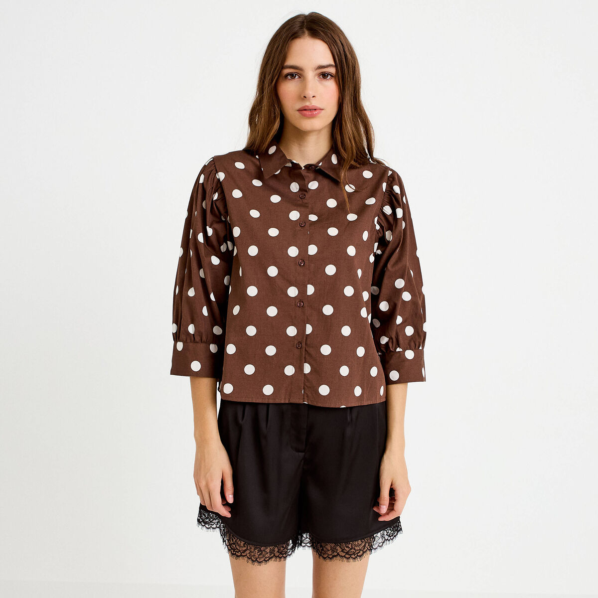 Chemise droite manches longues marron femme