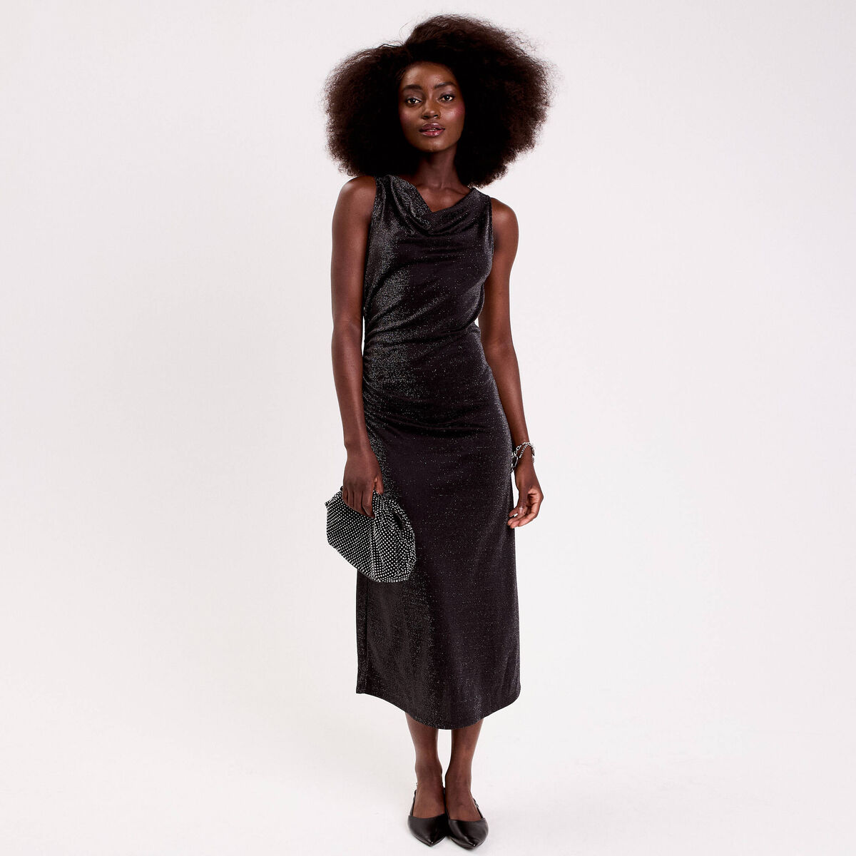 Robe longue fils m&eacute;tallis&eacute;s noir femme