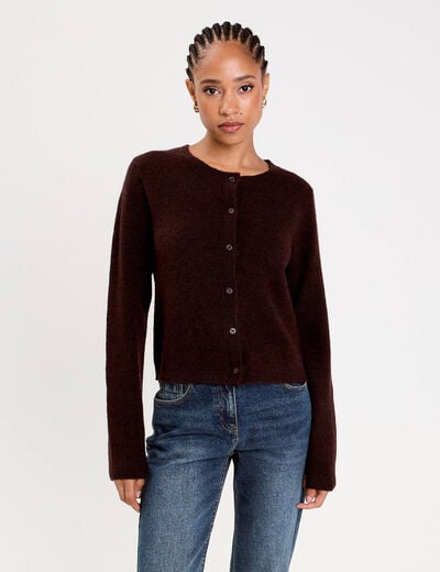 Gilet boutonn&eacute; manches longues marron fonc&eacute; femme