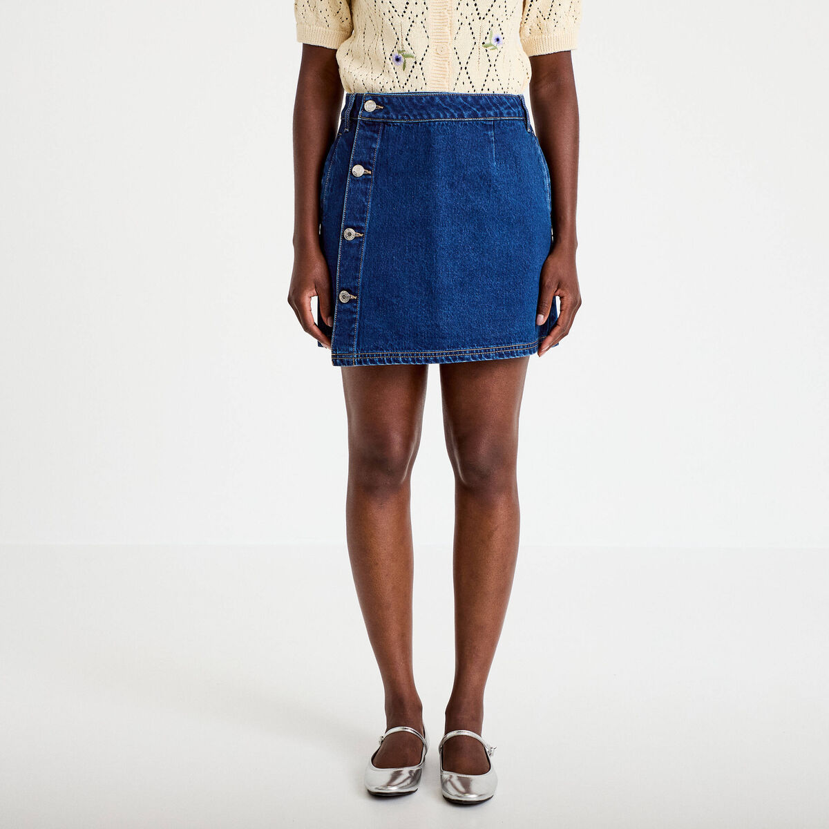 Jupe droite courte en jean denim double stone femme