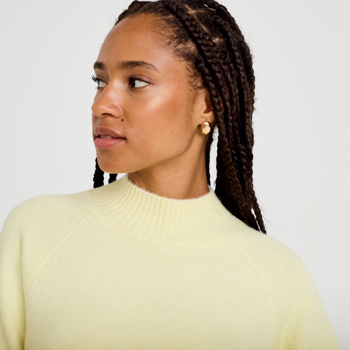 Pull col montant manches longues jaune clair femme