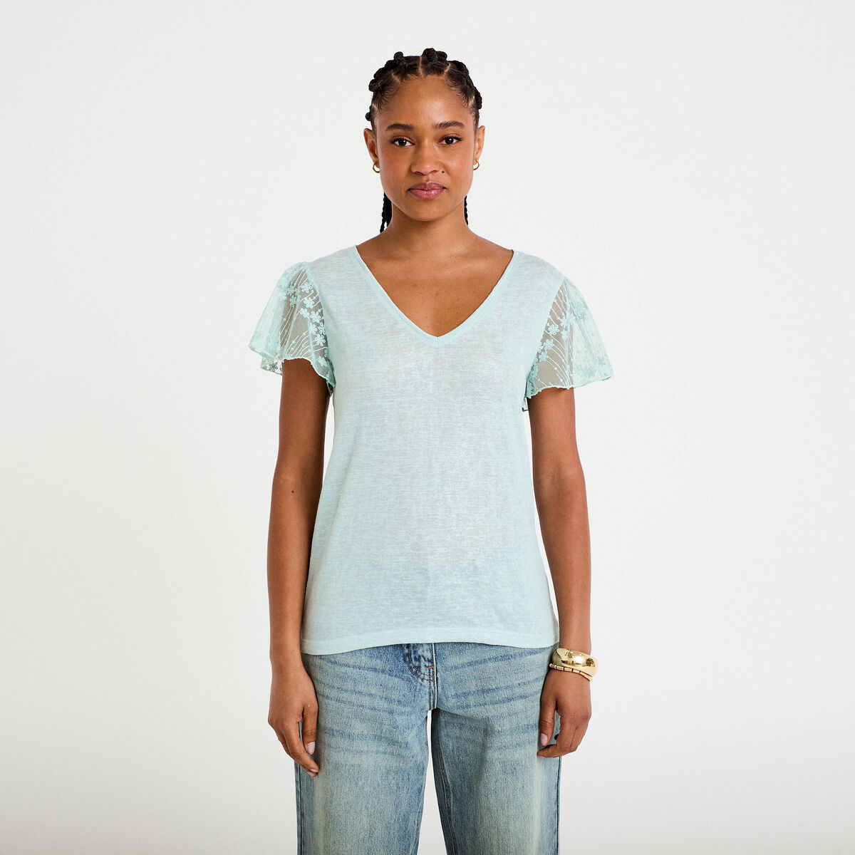 T-shirt manches dentelle vert clair femme