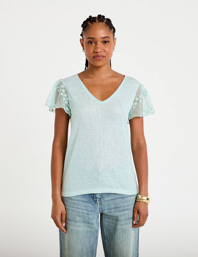 T-shirt manches dentelle vert clair femme