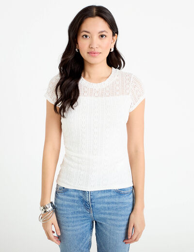 Top en dentelle col rond manches courtes ecru femme