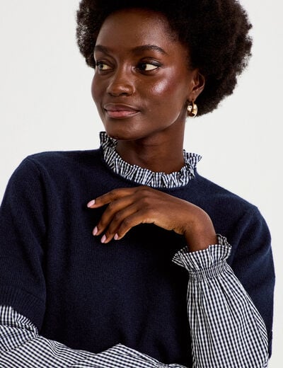 Pull col rond vichy manches longues bleu marine femme