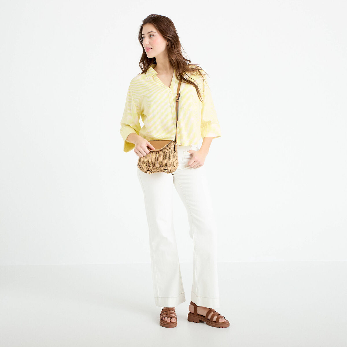 Chemise col classique manches 3/4 jaune clair femme