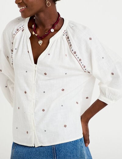 Blouse ample col tunisien manches 3/4 ecru femme